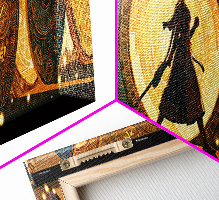 Walking African Woman Silhouette, Golden Portal Wall Art, Modern African Art Canvas Print, Boho Afrocentric Home Decor Gift