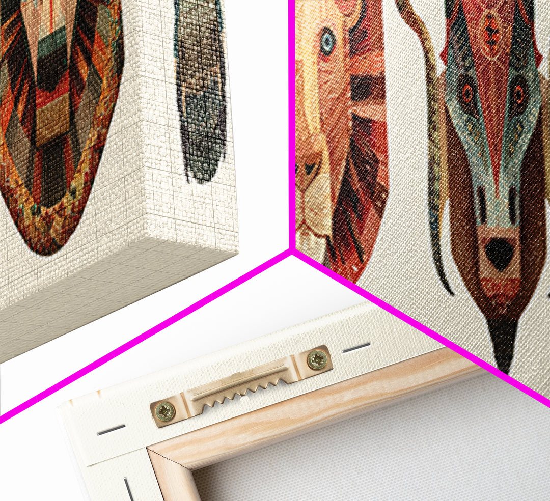 African Animal Mask Collection Framed Canvas Print, Elephant Lion Ram Baboon Tribal Wall Art, Safari Decor For Bold Home