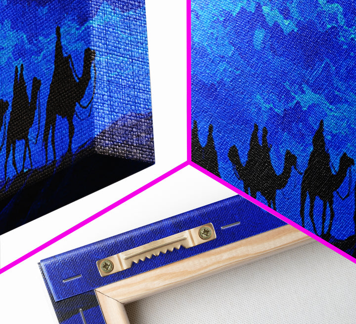 Blue Desert Camel Caravan Wall Art, Moonlit Nomad Silhouette Print, African Safari Decor, Mystical Travel Canvas For Bedroom