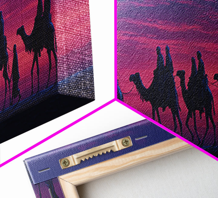 Purple Sunset Camel Caravan Wall Art, Desert Nomad Silhouette Painting, African Safari Decor, Travel Canvas Print For Bedroom