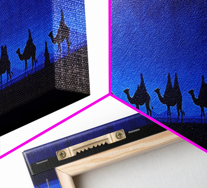 Deep Blue Camel Caravan Canvas Print, Desert Silhouette Wall Art, African Safari Poster, Minimalist Travel Decor For Home