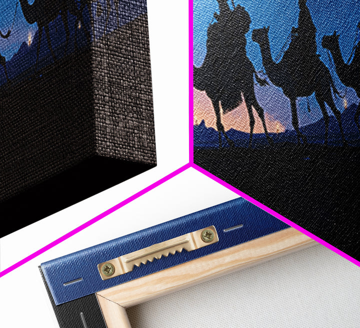 Night Camel Caravan Framed Canvas Print, Blue Desert Silhouette Wall Art, African Safari Travel Decor, Nomad Scene For Home