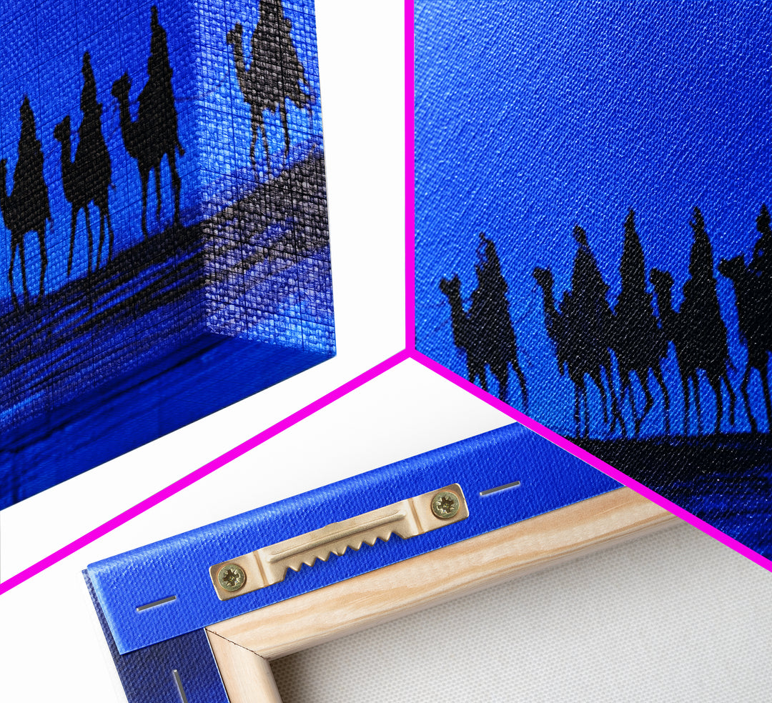 Blue Desert Camel Caravan Silhouette Wall Art, African Safari Art Print, Tuareg Travel Decor, Sahara Landscape Canvas Print