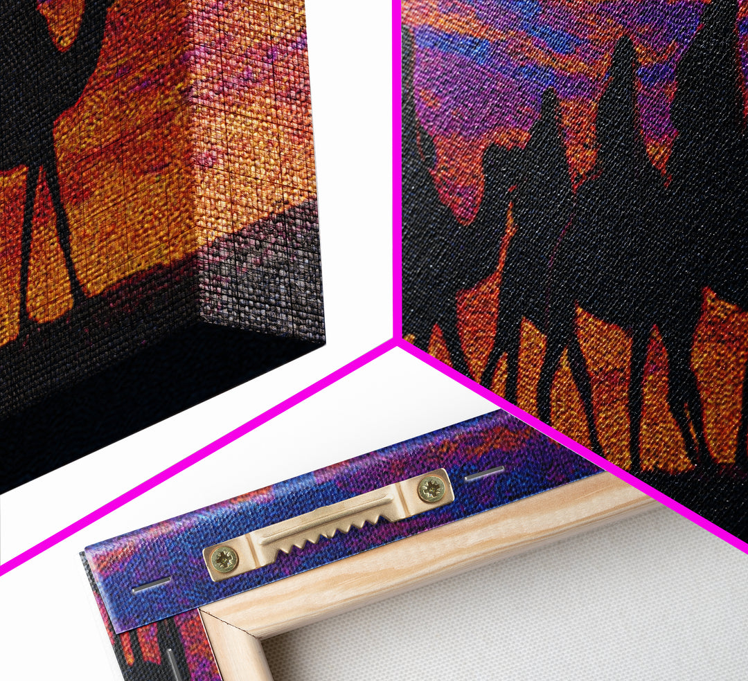 Vibrant Sunset Camel Caravan Silhouette Canvas Print, African Safari Wall Decor, Boho Desert Landscape, Colorful Art Gift