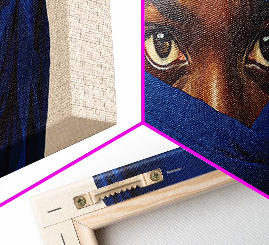 Intense Blue Veiled Eyes Portrait Canvas Print, African Woman Wall Art, Black Female Art, Minimalist Sahara Home Decor Gift