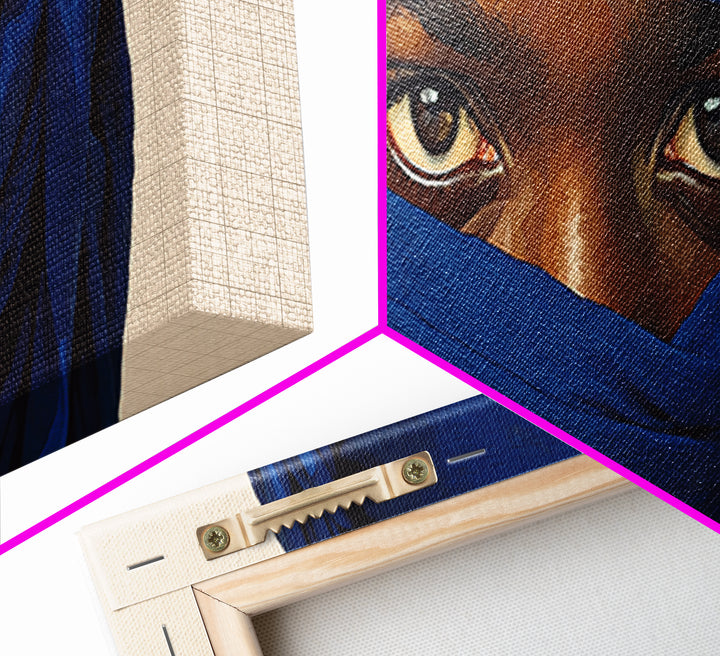 Intense Blue Veiled Eyes Portrait Canvas Print, African Woman Wall Art, Black Female Art, Minimalist Sahara Home Decor Gift