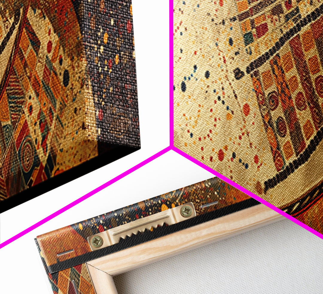 Celestial Ankara Crescent With Orange Patterns Canvas Print, African Fabric Art, Afrocentric Wall Decor, Boho Cultural Art