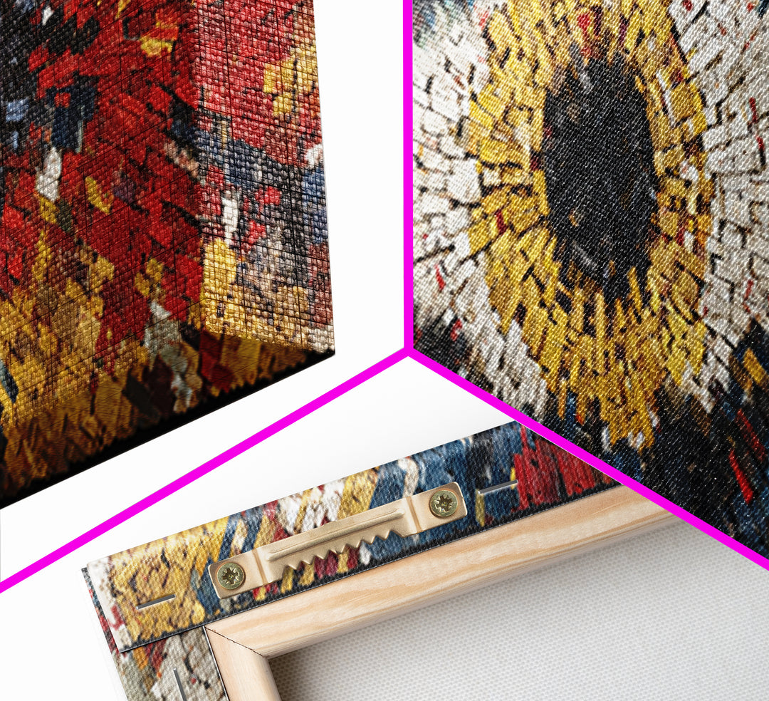 Exploding Eye Mosaic In Red Gold And Navy Framed Canvas Print, Abstract African Art, Bold Statement Wall Decor For Living Room