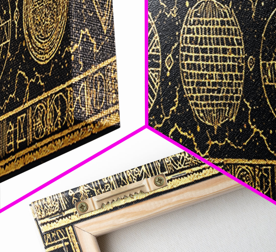 Gold Sacred Geometry Symbols On Black Canvas Print, African Patterns, Tribal Wall Art, Mystical Meditation Home Decor Gift