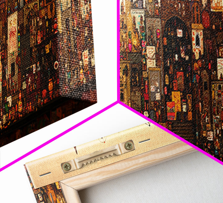 Intricate Fantasy City Shrine With Towers Canvas Print, African Inspired Wall Art, Maximalist Cultural Home Decor Unique Gift