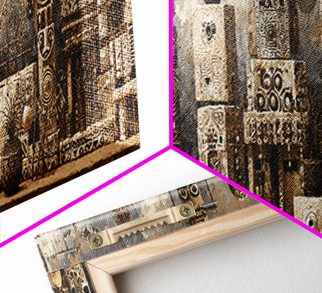 Monochrome African Totem Sculptures And Carved Masks Framed Canvas Print, Tribal Wall Decor, African Artwork, Cultural Art