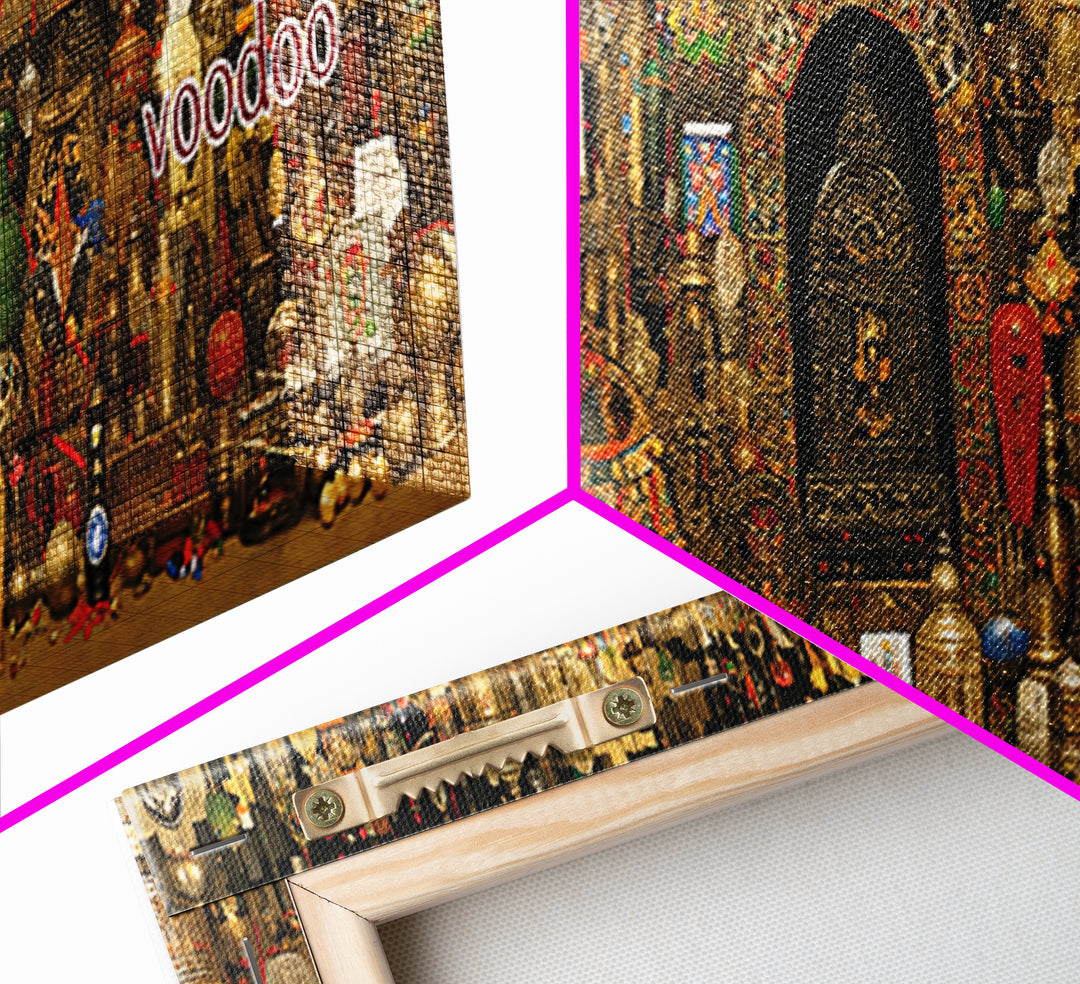 Voodoo Altar Shelf With Masks Bottles And Sacred Objects Canvas Print, Afrocentric Wall Art, African Decor, Spiritual Wall Decor