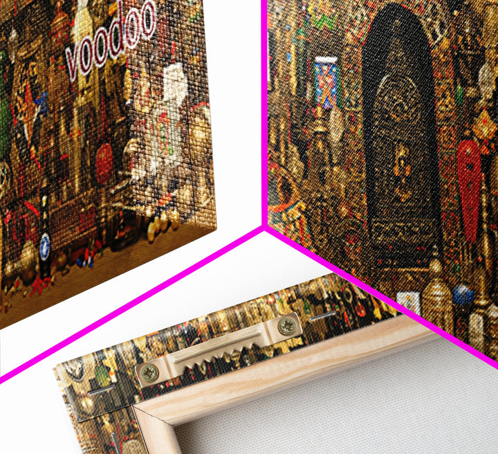 Voodoo Altar Shelf With Masks Bottles And Sacred Objects Canvas Print, Afrocentric Wall Art, African Decor, Spiritual Wall Decor