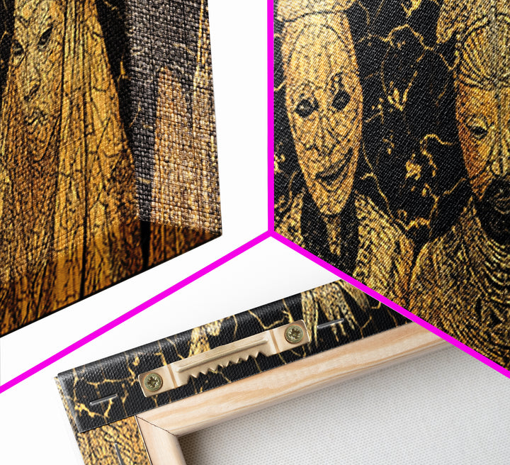 Gold African Royal Figures In Patterned Tribal Masks Framed Canvas Print, Black And Gold Art, African Wall Decor, Afro Art