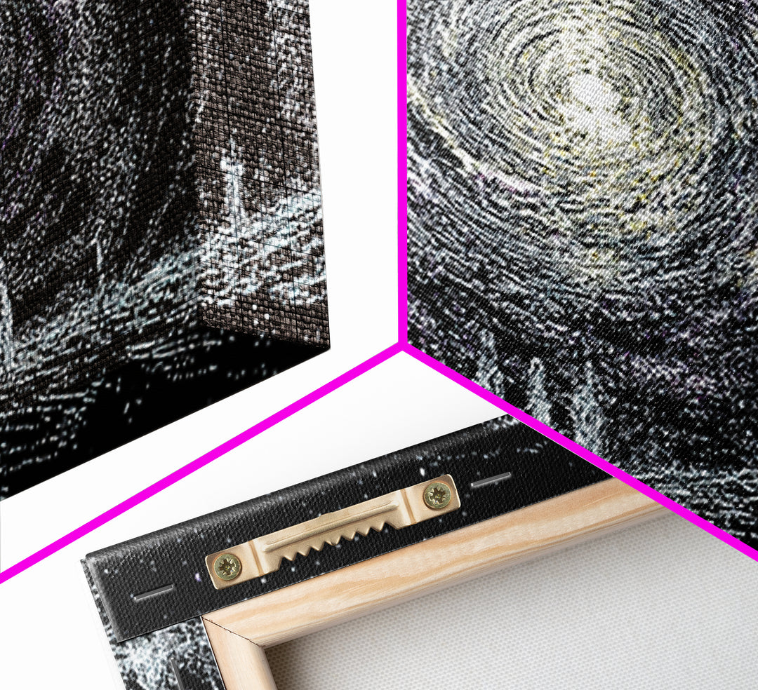 Cosmic Spiral Galaxy Over Water And Tiny Figures Canvas Print, Mystical Wall Art, Black And White Art, Contemporary Wall Art