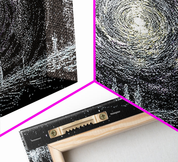 Cosmic Spiral Galaxy Over Water And Tiny Figures Canvas Print, Mystical Wall Art, Black And White Art, Contemporary Wall Art