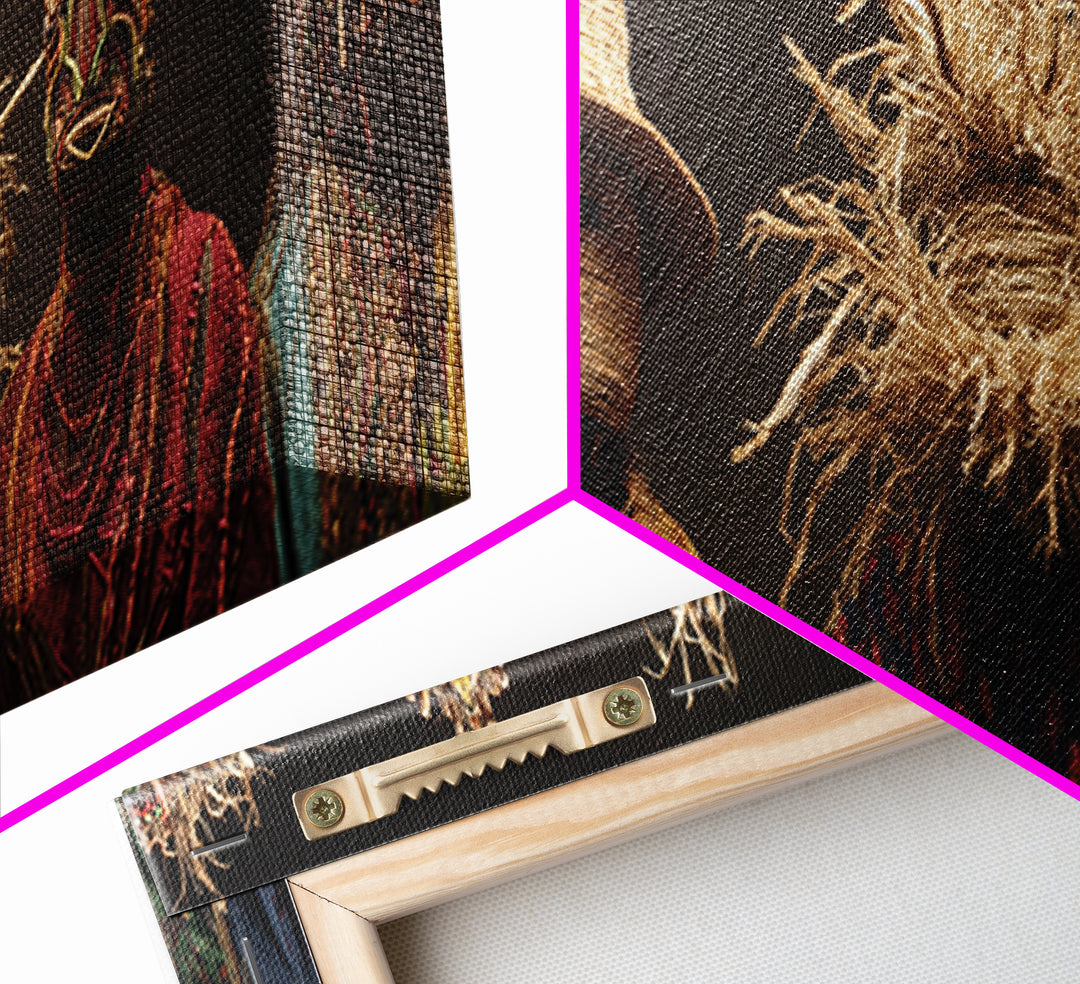 Straw Masked African Figures In Woven Textiles Framed Canvas Print, Tribal Portrait Wall Art, Afrocentric Home Decor Gift