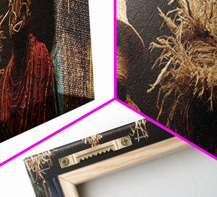 Straw Masked African Figures In Woven Textiles Framed Canvas Print, Tribal Portrait Wall Art, Afrocentric Home Decor Gift