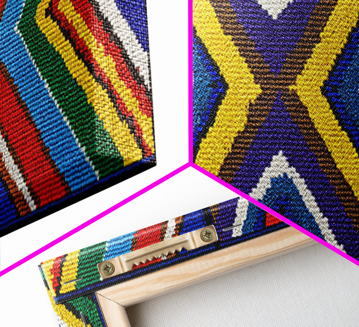 Three Panel Beaded Diamond Canvas Print, African Tribal Chevron Pattern, Geometric Wall Art, Colorful Boho Wall Decor, Set Of 3 Art