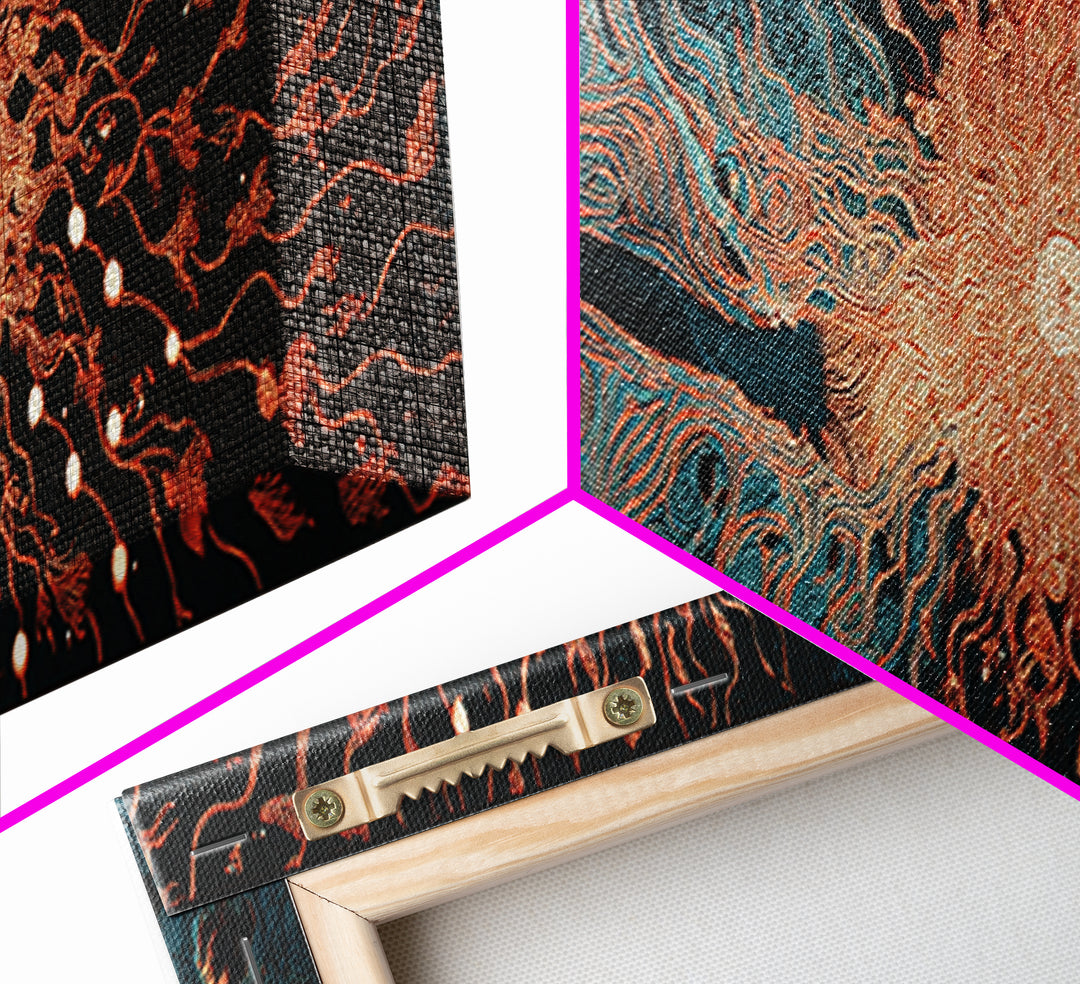 Fiery Coral Organic Bloom Wall Art, Teal Black Abstract Canvas Print, Contemporary Fluid Energy Decor, Bold Home Artwork