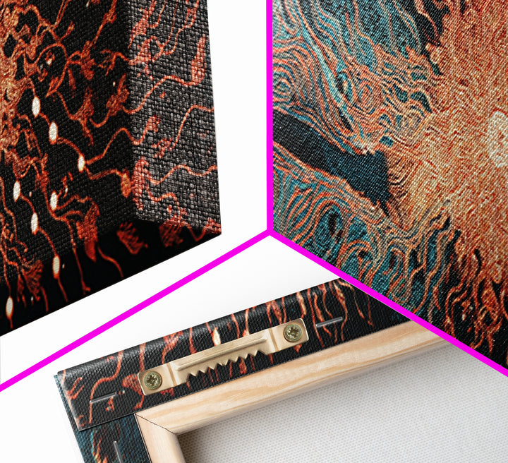 Fiery Coral Organic Bloom Wall Art, Teal Black Abstract Canvas Print, Contemporary Fluid Energy Decor, Bold Home Artwork