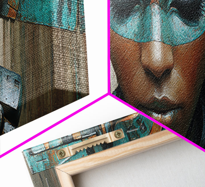 Futuristic Turquoise African Queen Mask Canvas Print, Afrofuturism Decor, Black Goddess Portrait, Modern Afro Wall Decor