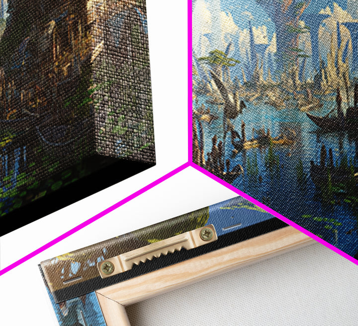 Afrofuturist African Waterfront Village Wall Art, Fantasy Baobab Landscape, Cultural Safari Decor, Unique Canvas Gift, Home Decor