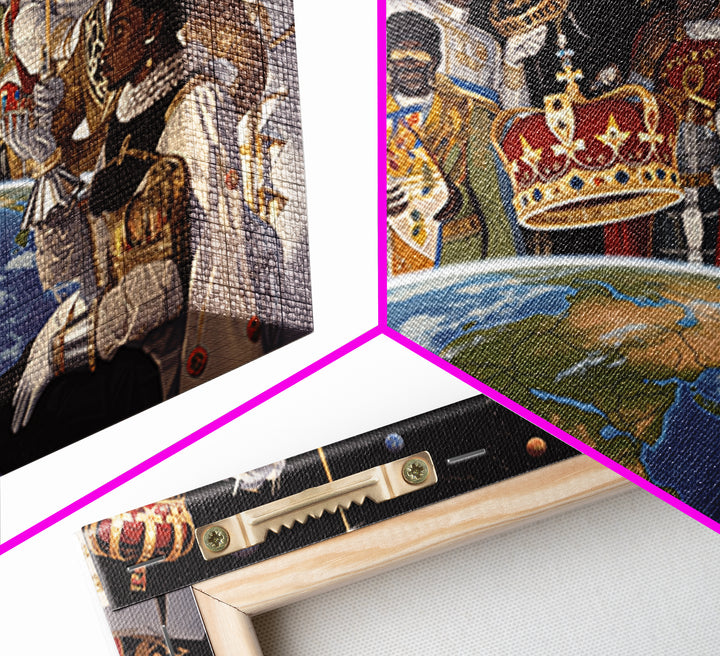 Cosmic African Royal Council Over Earth Wall Art, Afrocentric Black History Decor, African American Art, Regal Canvas Print