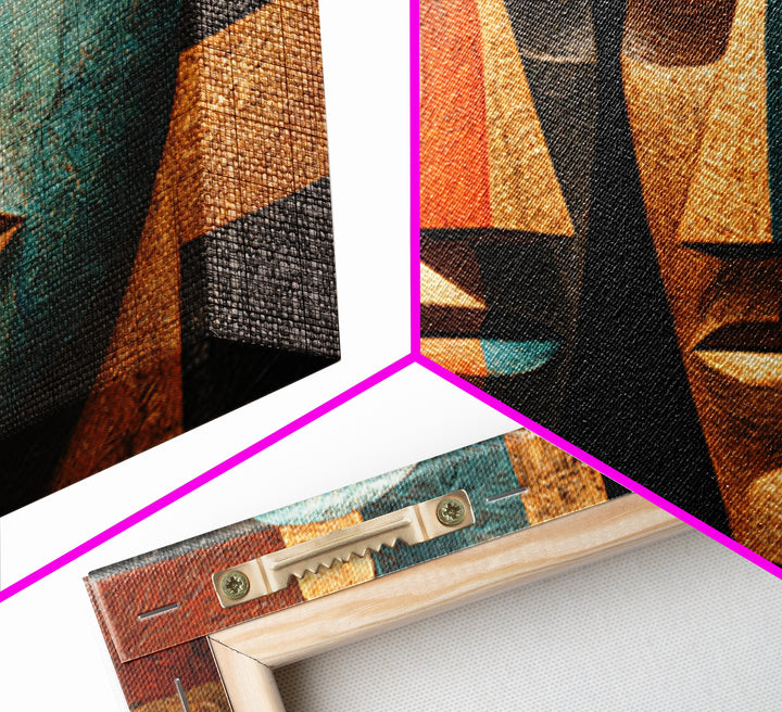 Cubist African Mask Faces Canvas Print, Abstract African Art, Tribal Wall Decor, Geometric Portrait, Bold Home Decor Gift