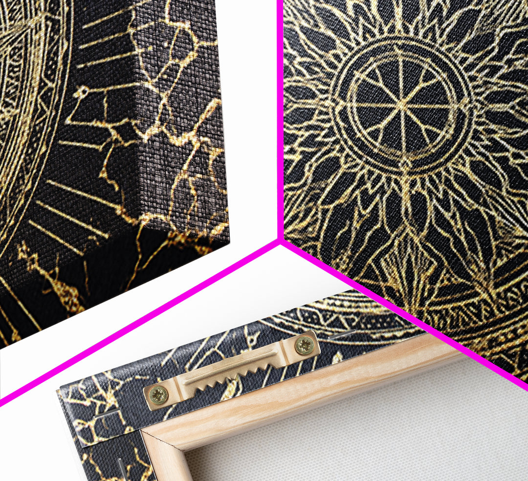 Black Gold Celestial Sun Mandala, African Wall Art, Spiritual Wall Decor, Abstract Ethnic Art, Luxury Canvas Print, Black And Gold Art