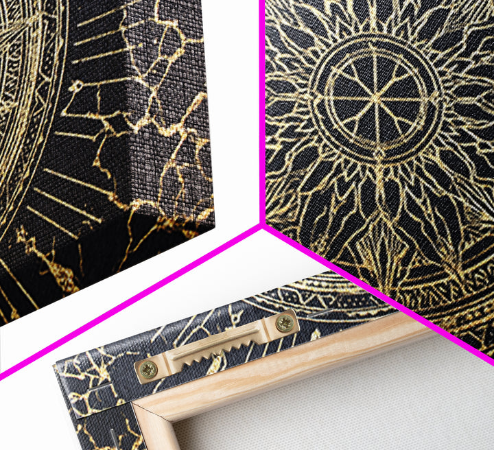 Black Gold Celestial Sun Mandala, African Wall Art, Spiritual Wall Decor, Abstract Ethnic Art, Luxury Canvas Print, Black And Gold Art