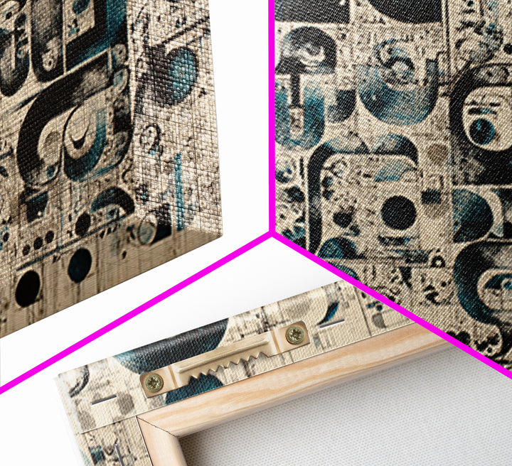 Modern Teal Black Geometric Symbols Canvas Print, Abstract Pattern Wall Decor, Contemporary Art, Office Home Accent, Statement Piece
