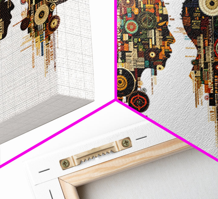 Four Afrofuturist Profile Heads Wall Art, Geometric Portrait Canvas, Black Culture Decor, Modern Abstract Office Gift For Home