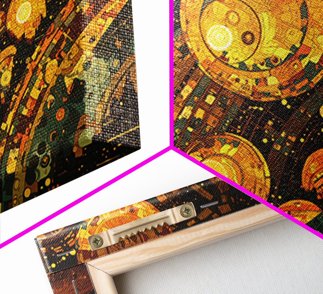Golden Cosmic Mechanical Orbs Canvas Print, Futuristic Abstract Wall Art, Orange Space Decor, Unique Modern Statement Gift