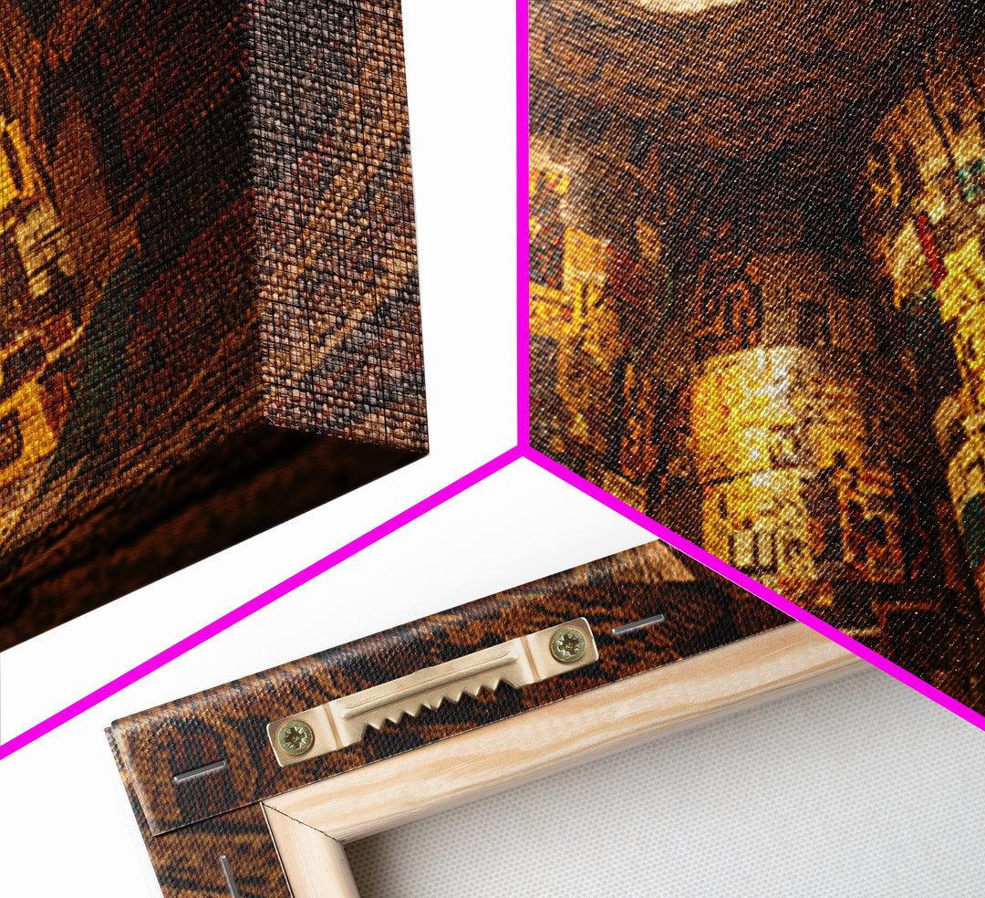 Cavernous Golden Patterned Tower Wall Art, Mystical Architecture Canvas Print, Warm Abstract Cultural Home Decor Gift For Gallery