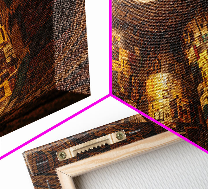 Cavernous Golden Patterned Tower Wall Art, Mystical Architecture Canvas Print, Warm Abstract Cultural Home Decor Gift For Gallery