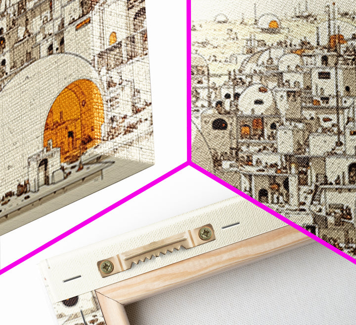 White Desert Dome City With Orange Sun Wall Art, African Landscape Print, Modern North African Decor, Boho Living Room Art
