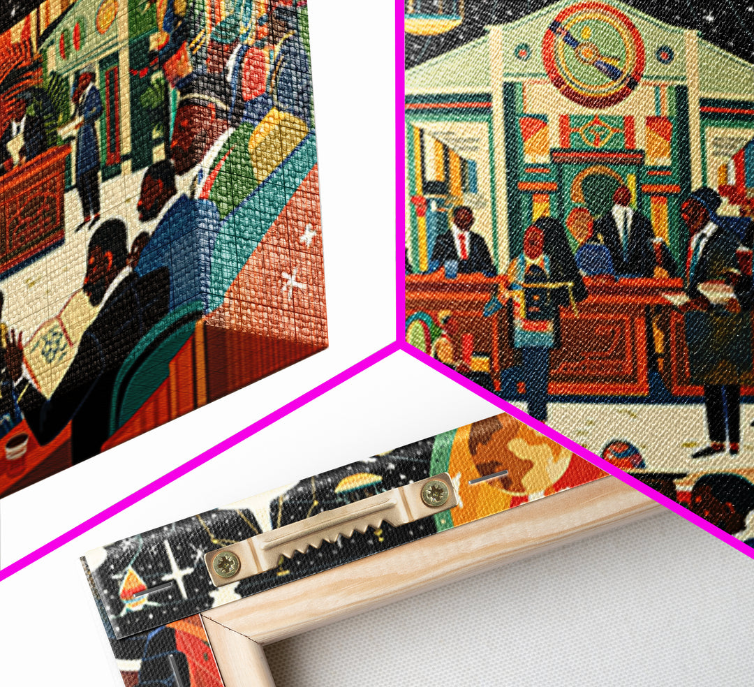 Afrofuturist Community Court Under Cosmic Sky Wall Art, Black Culture Art, African American Art, Juneteenth Home Decor Gift