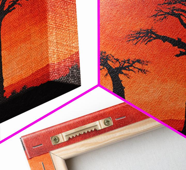 Baobab Tree Silhouettes At Fiery Sunset Wall Art, African Landscape, Safari Decor, Burnt Orange Art Print, Living Room Decor