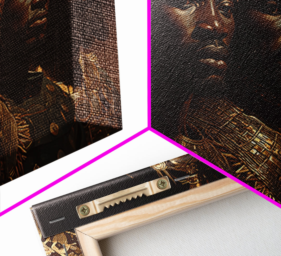 Golden African Kings Portrait Framed Canvas Print, African Warrior Art, Black History Art, Afrocentric Wall Decor Gift For Him