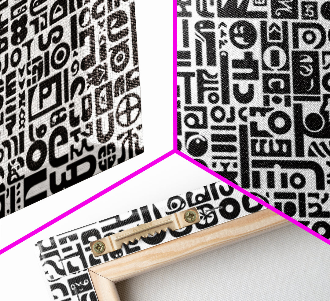 Black And White African Symbols Canvas Print, Abstract Ethnic Art, Tribal Pattern Wall Decor, Minimalist Office Art Gift