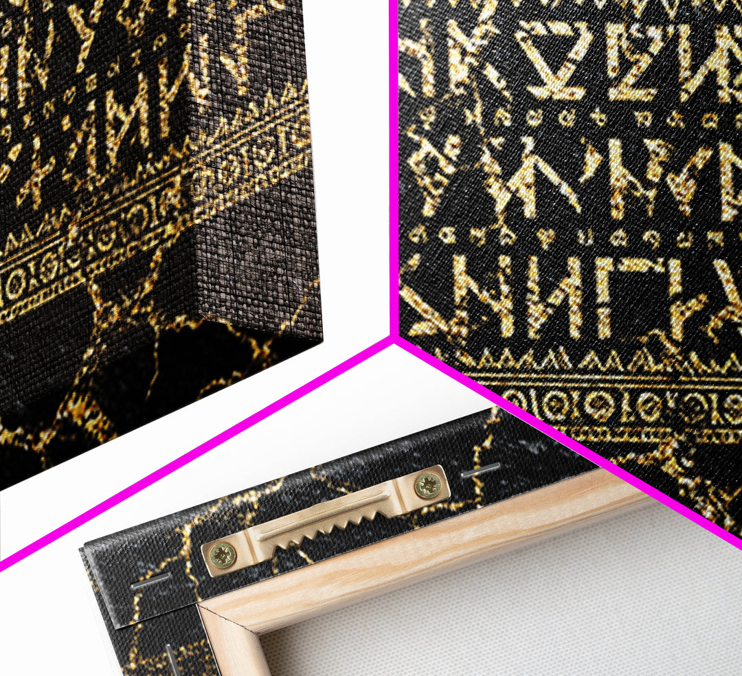Gold Ancient Script On Black Stone Framed Canvas Print, African Egyptian Art, Cultural Wall Decor, Luxury Home Decor Gift