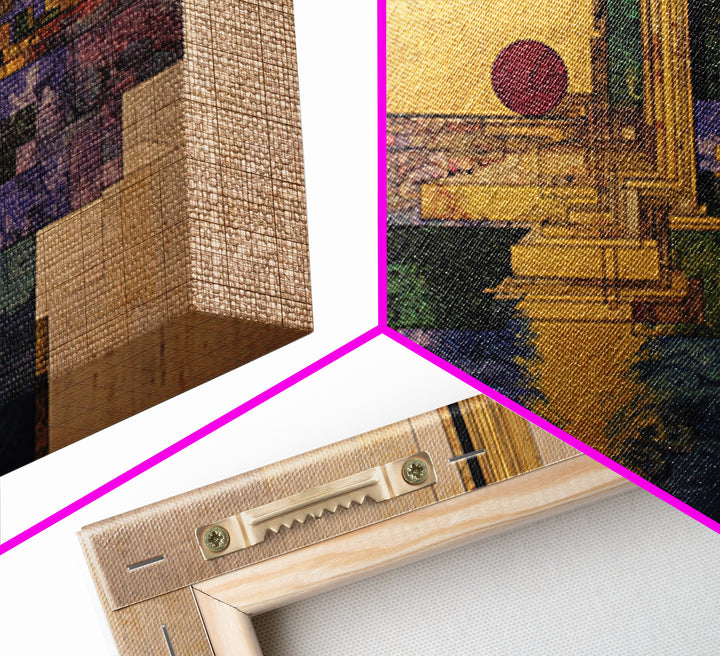 Golden Sun Geometric City Over Water Framed Canvas Print, African Abstract Wall Art, Luxury Modern Living Room Home Decor Gift