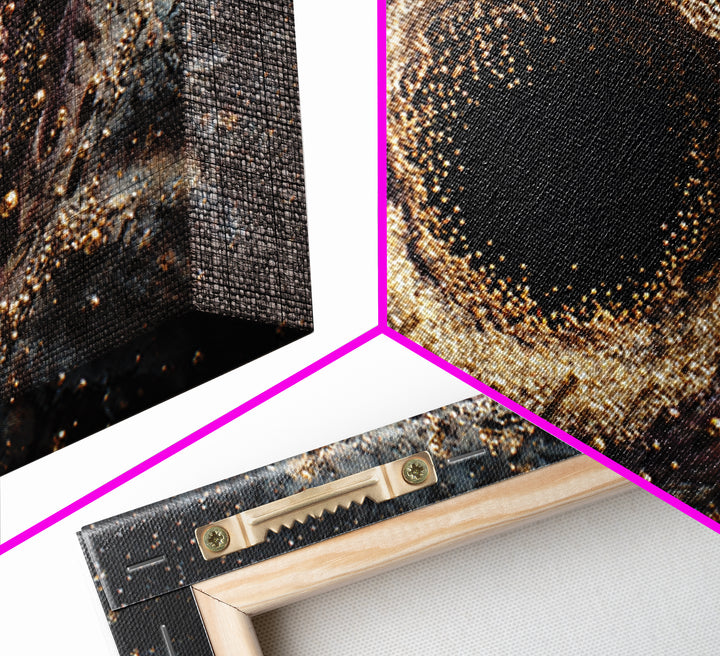 Glittering Black Hole Vortex Framed Canvas Print, Abstract Art, Black And Gold Art, Modern Wall Decor, Unique Home Decor