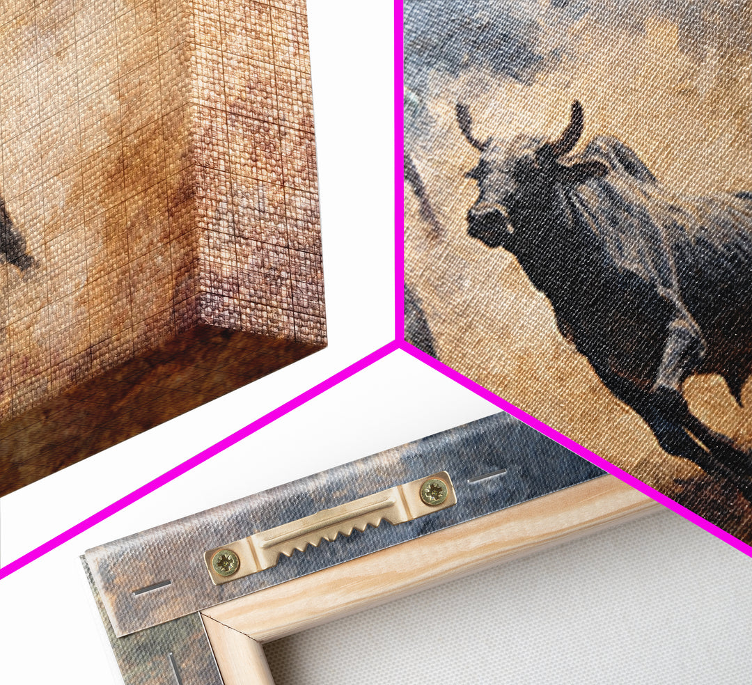 Charging Bull And Runners In Dusty Arena Wall Art, African Safari Art Decor, Dynamic Canvas Print For Bold Home Decor Gift