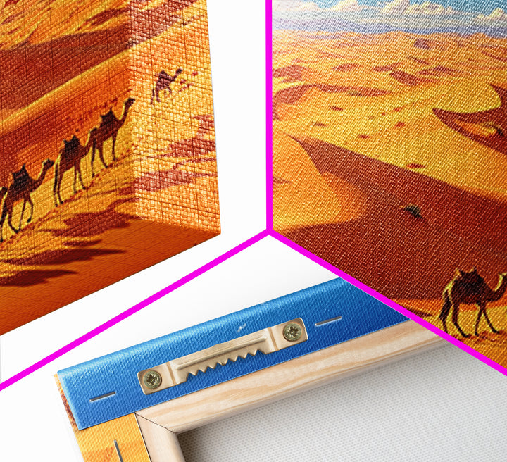Golden Sahara Dunes With Camel Caravan, African Wall Art, Desert Landscape Print, Travel Decor, Boho Living Room Gift Poster