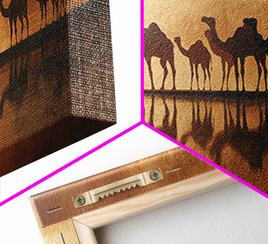 Sepia Camel Caravan Reflections At Dusk, Canvas Print, African Safari Art, Earth Tone Wall Decor, Desert Home Decor Gift