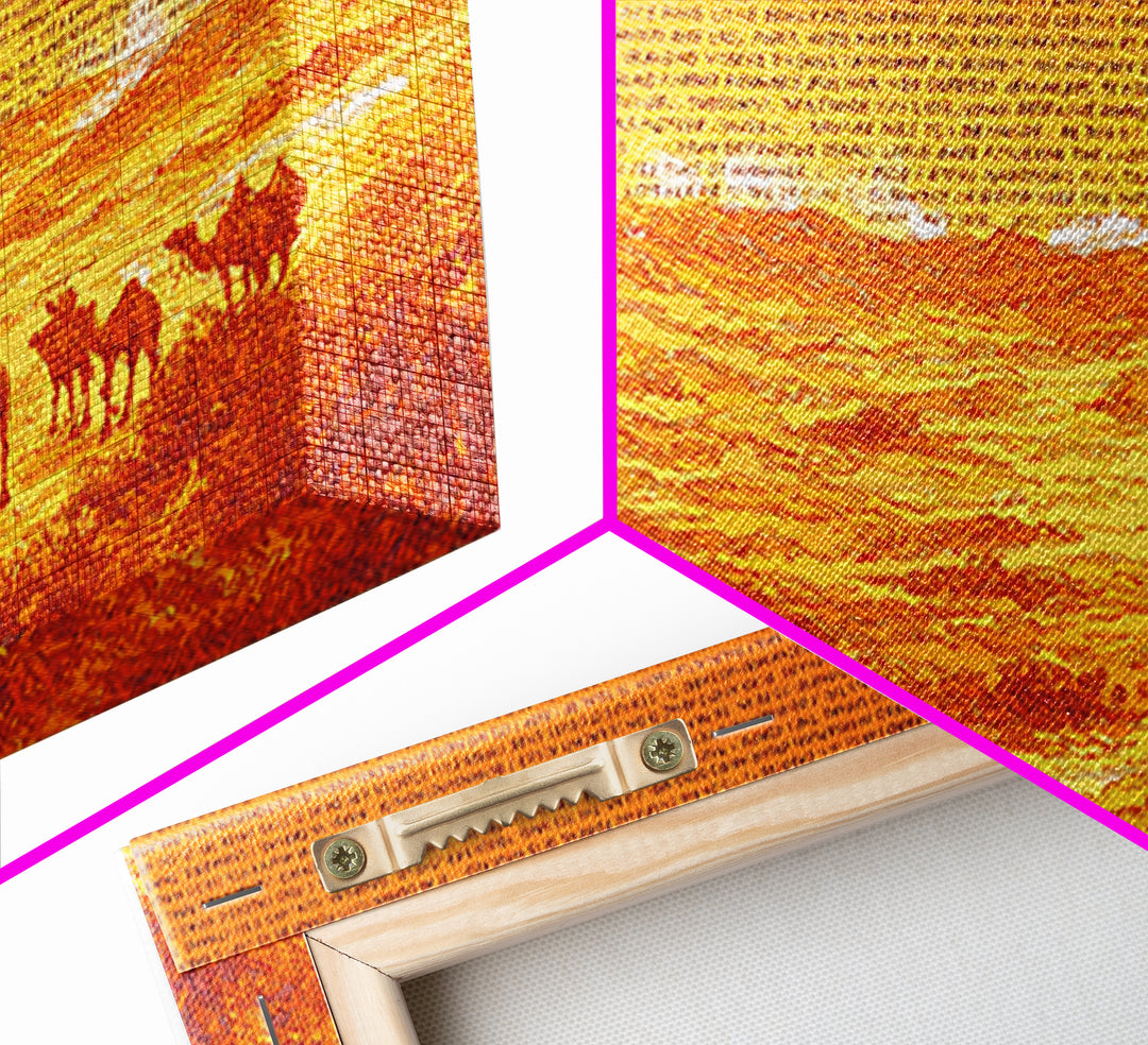 Orange Desert Camel Caravan With Text Texture, African Wall Art, Sahara Landscape Poster, Burnt Orange Boho Decor Gift Print