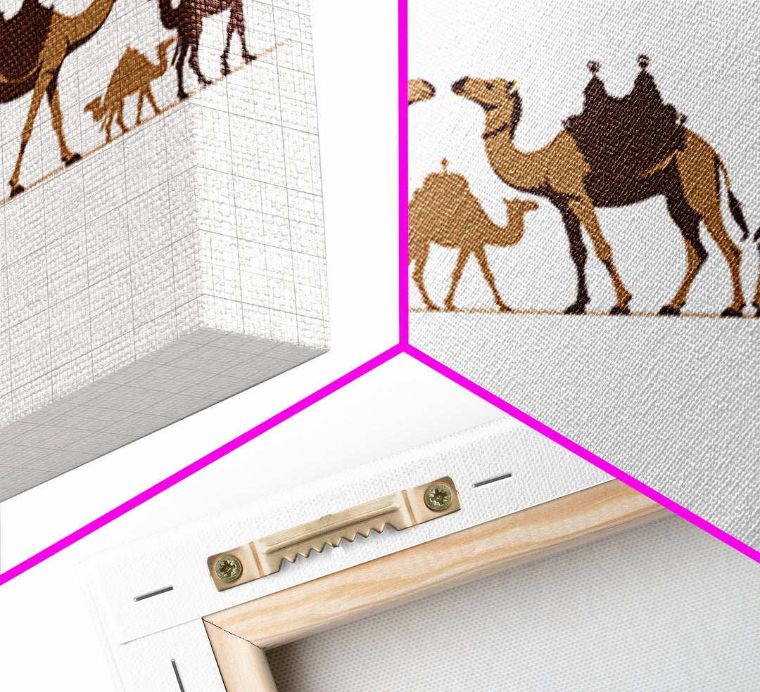 Minimal Camel Caravan Silhouette On White, Framed Canvas Print, African Desert Wall Decor, Neutral Safari Art Gift For Living Room