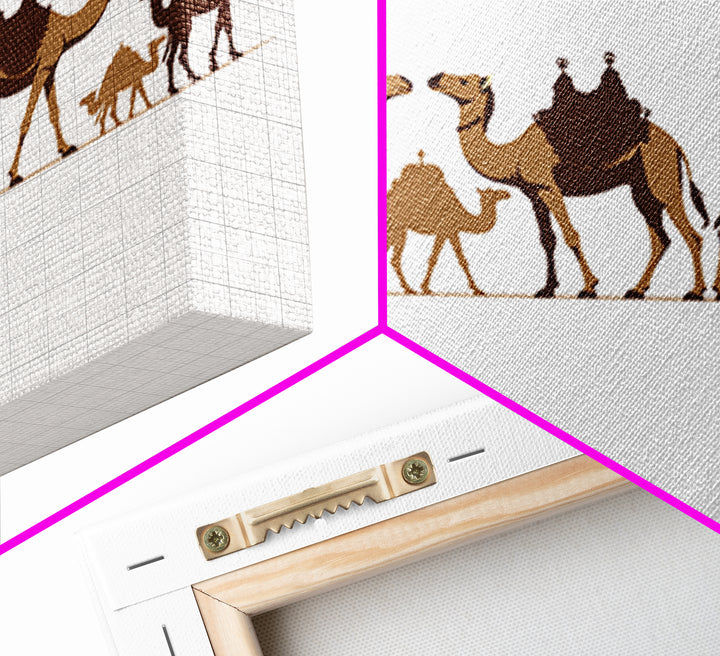 Minimal Camel Caravan Silhouette On White, Framed Canvas Print, African Desert Wall Decor, Neutral Safari Art Gift For Living Room